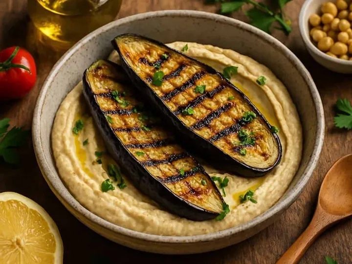 Aubergine & hummus grills