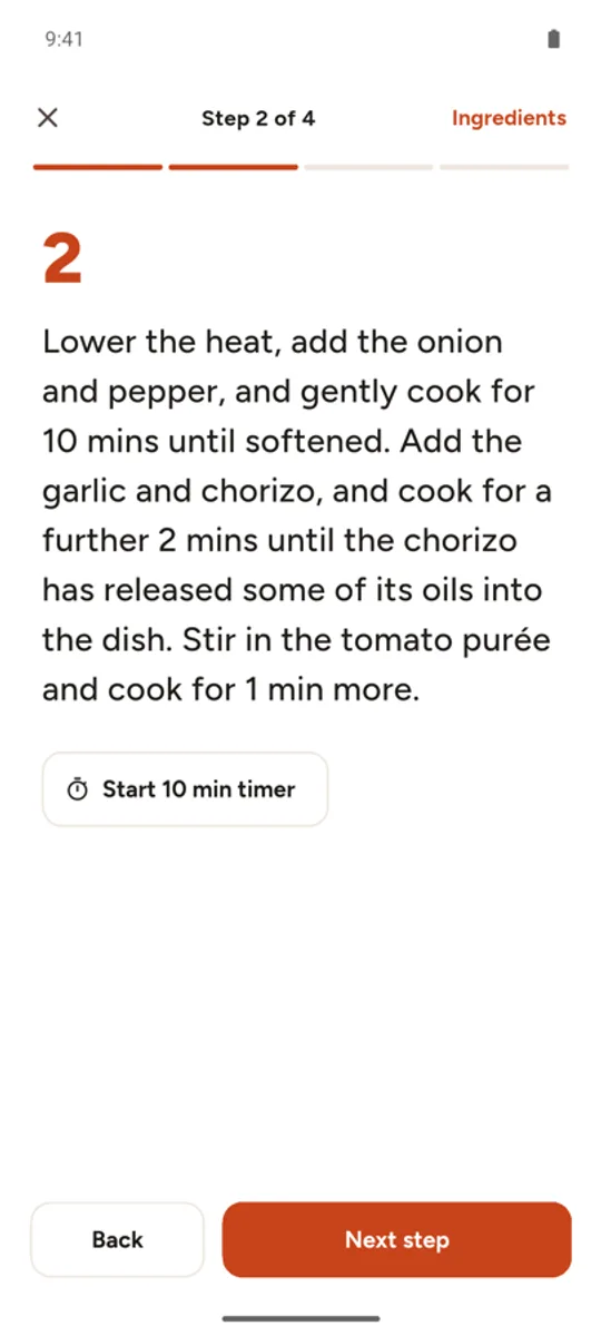 Cook mode showing one step with a timer