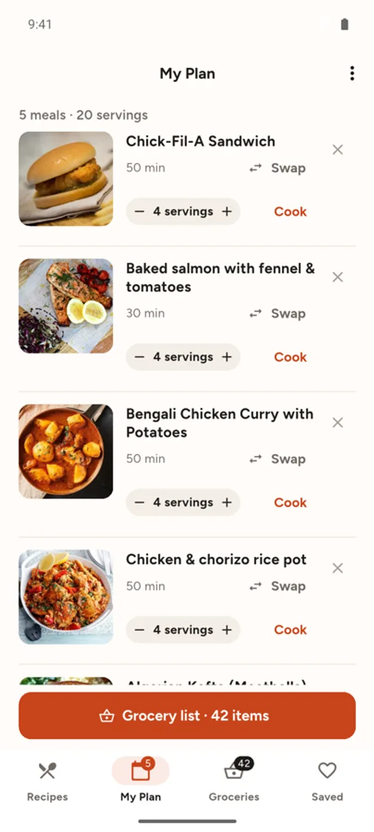 A week of dinners in the My Plan screen